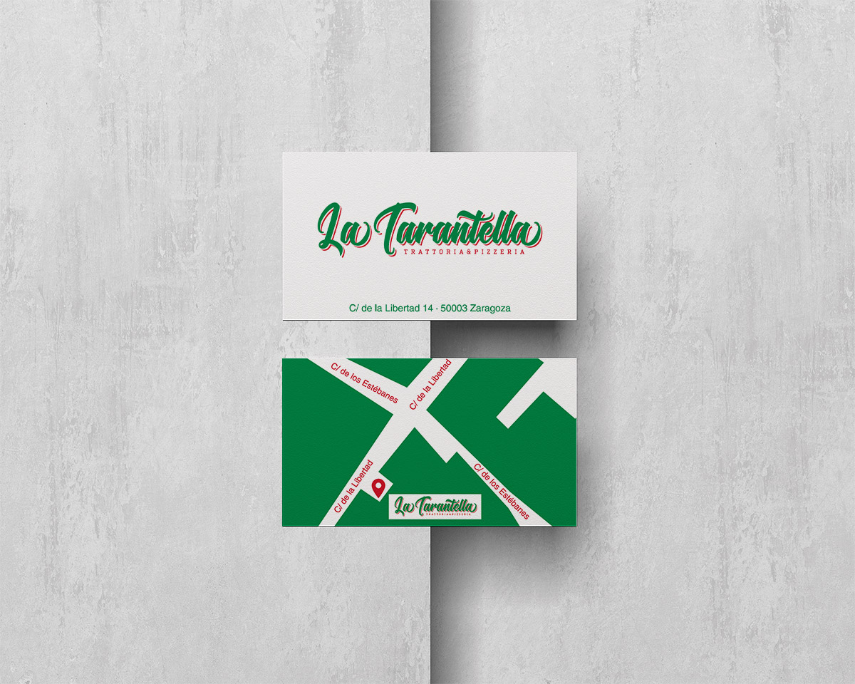 Imagen Corporativa Zaragoza. Diseño gráfico. Logotipo La Tarantella. Tarjetas corporativas. Cartas Restaurante. Dípticos. Trípticos. Catálogos. Papelería. Tarjetas. Packaging. Zaragoza. Diseño de Imagen Corporativa Zaragoza
